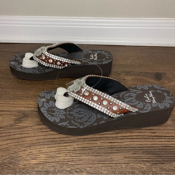 Rustic Bling Bling Wedge Flip Flops Brown Rhinestone Sandals XL- Brand New - Picture 7 of 13